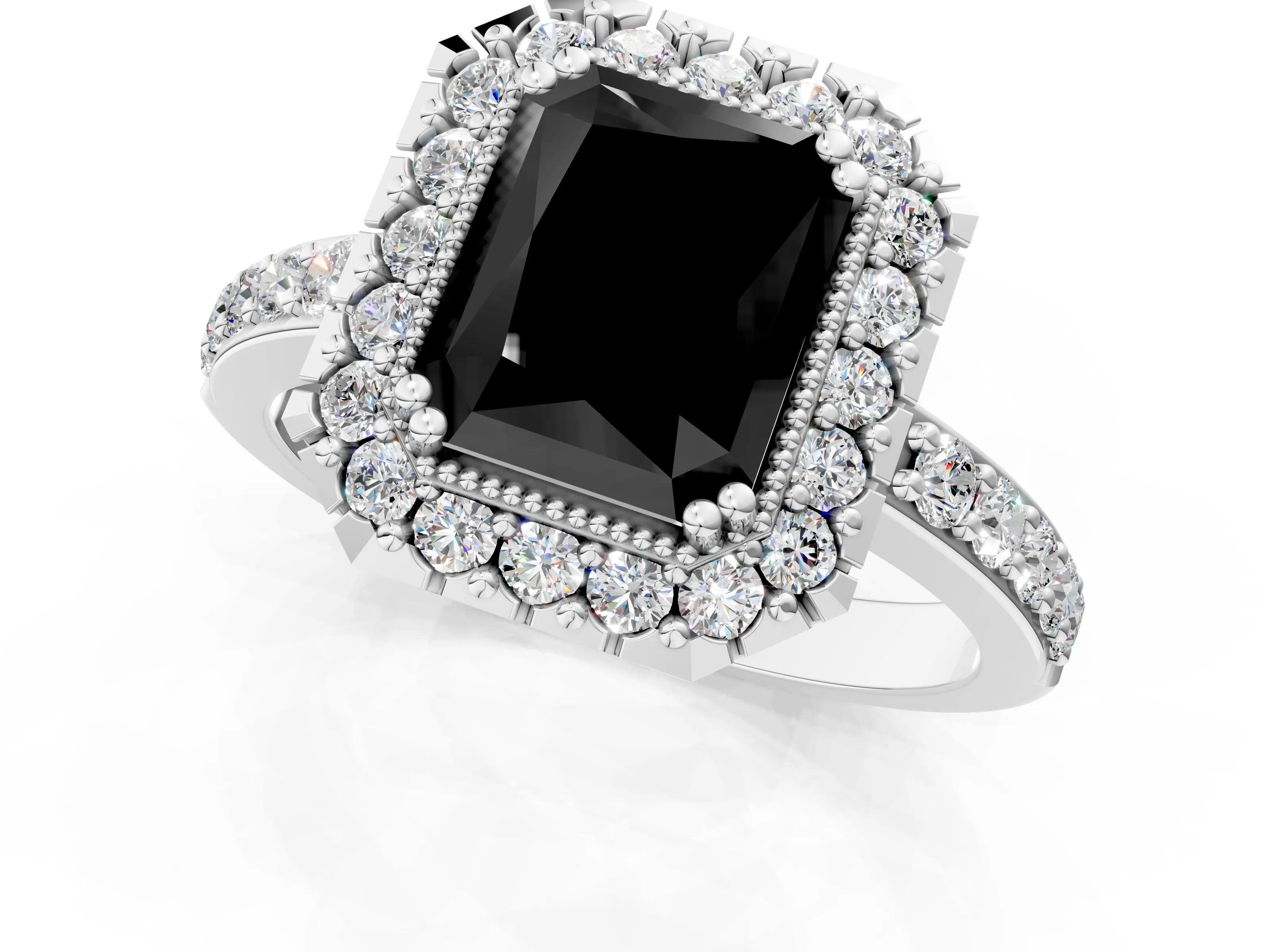 White gold Fancy Black Radiant Cut Diamond Halo Ring with Pavé Band and Prong Setting_13