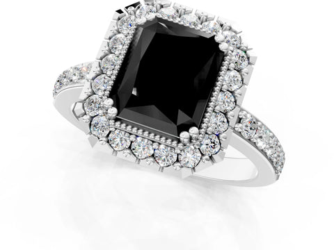 White gold Fancy Black Radiant Cut Diamond Halo Ring with Pavé Band and Prong Setting_13