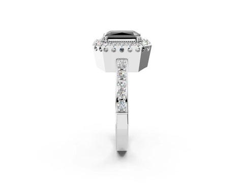 White gold Fancy Black Radiant Cut Diamond Halo Ring with Pavé Band and Prong Setting_14
