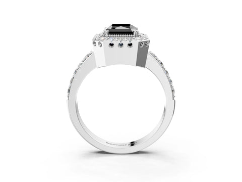 White gold Fancy Black Radiant Cut Diamond Halo Ring with Pavé Band and Prong Setting_15