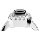 White gold Fancy Black Radiant Cut Diamond Halo Ring with Pavé Band and Prong Setting_16