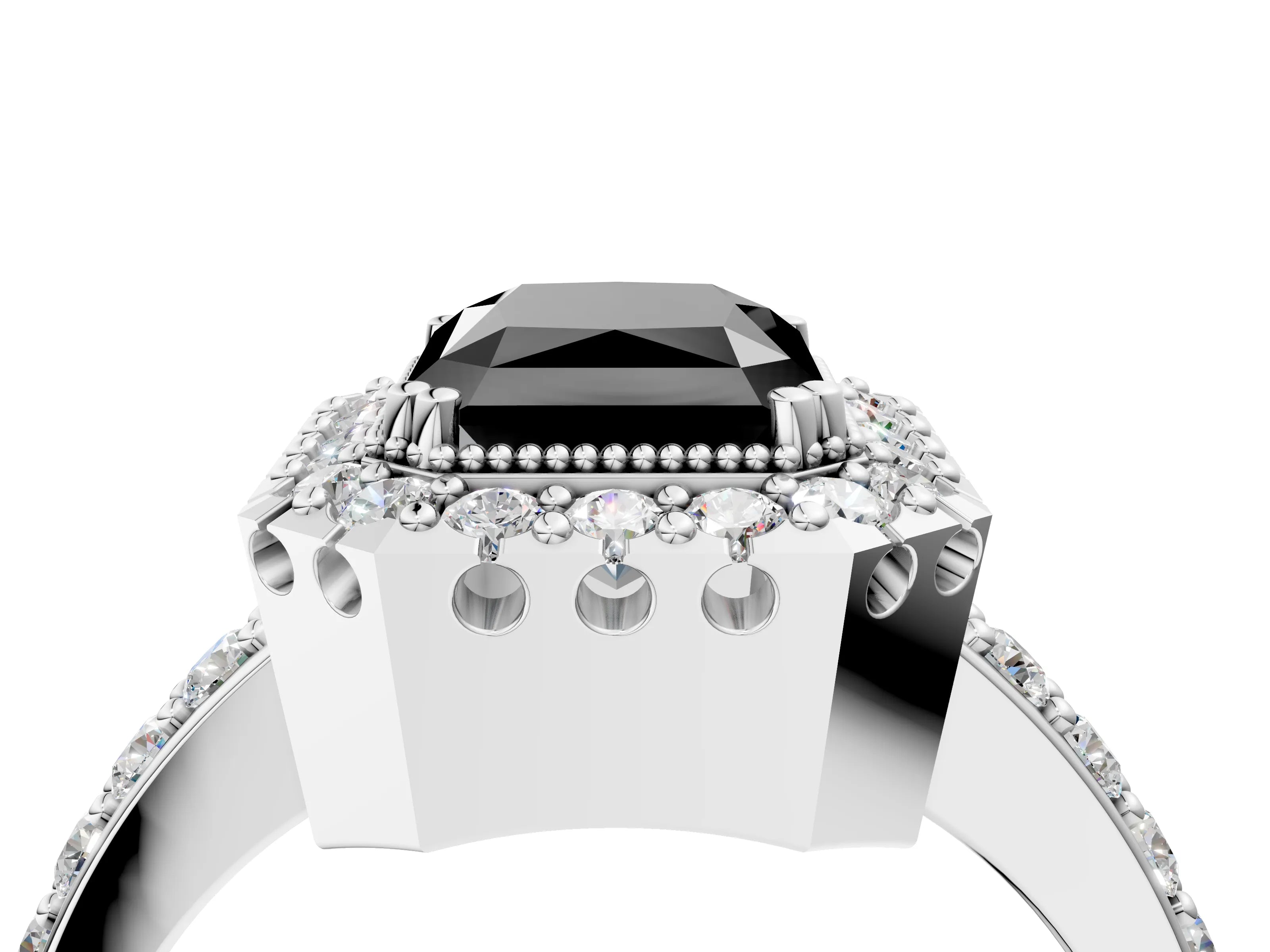 White gold Fancy Black Radiant Cut Diamond Halo Ring with Pavé Band and Prong Setting_16