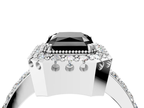 White gold Fancy Black Radiant Cut Diamond Halo Ring with Pavé Band and Prong Setting_16