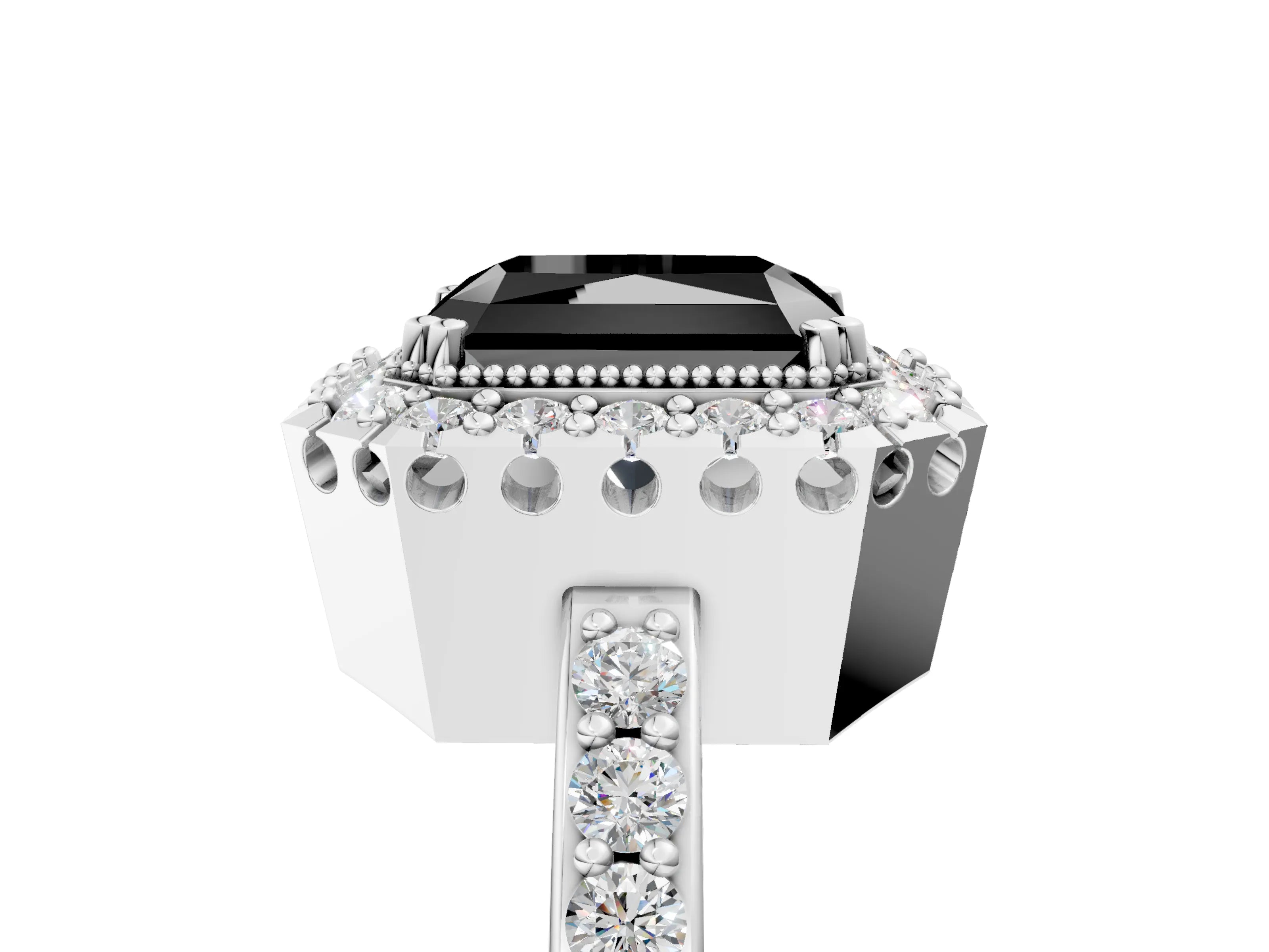 White gold Fancy Black Radiant Cut Diamond Halo Ring with Pavé Band and Prong Setting_17
