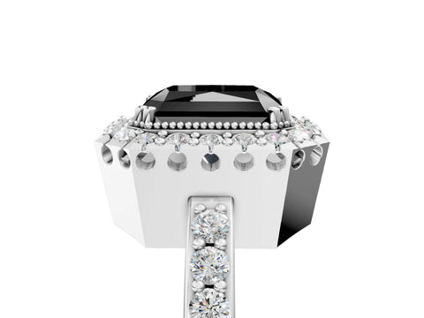 White gold Fancy Black Radiant Cut Diamond Halo Ring with Pavé Band and Prong Setting_17