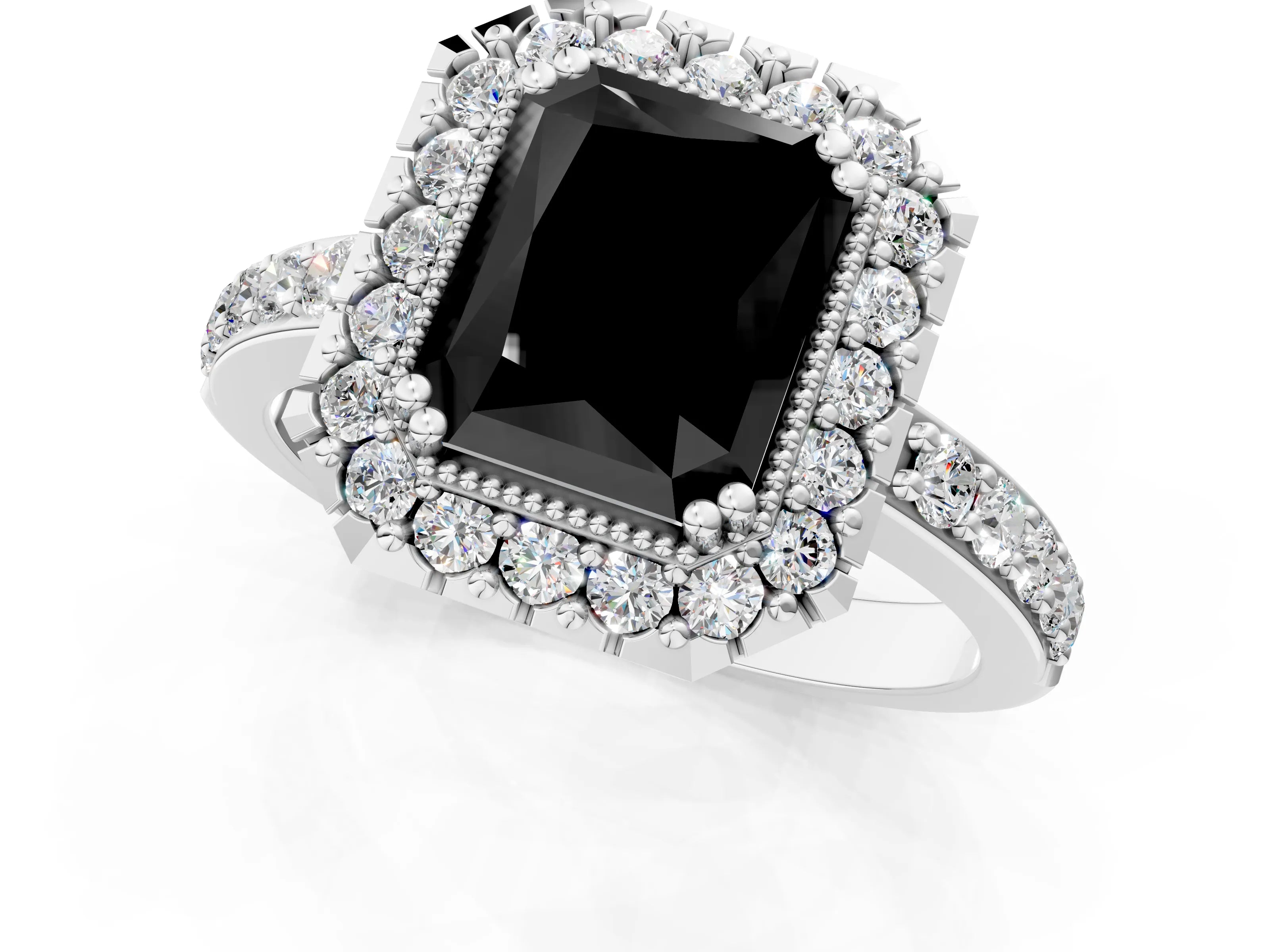 White gold Fancy Black Radiant Cut Diamond Halo Ring with Pavé Band and Prong Setting_1