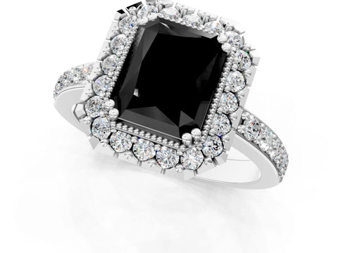 White gold Fancy Black Radiant Cut Diamond Halo Ring with Pavé Band and Prong Setting_1