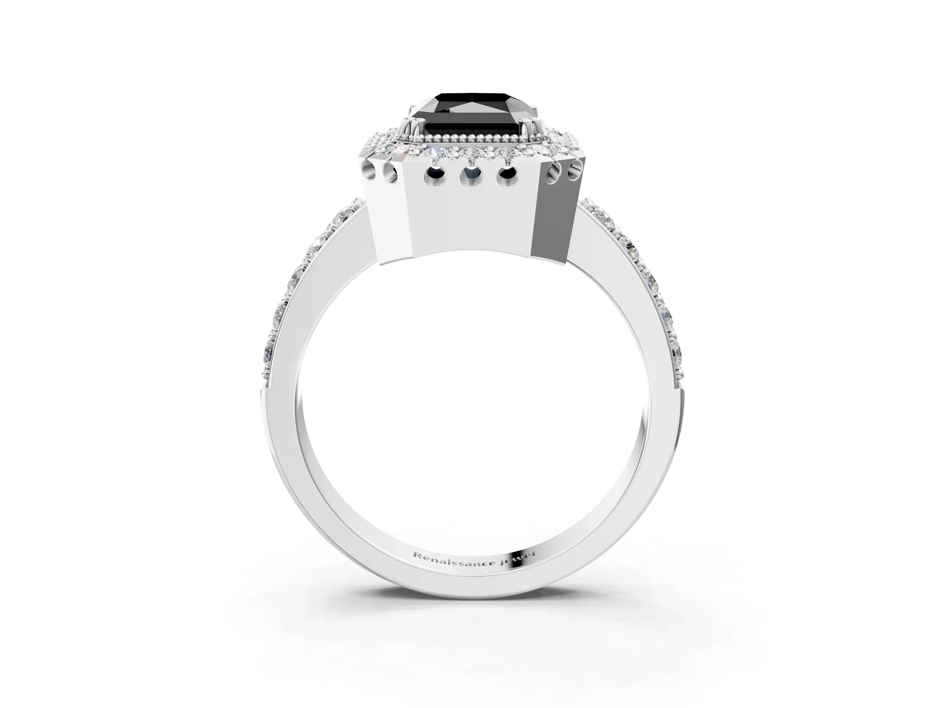 White gold Fancy Black Radiant Cut Diamond Halo Ring with Pavé Band and Prong Setting_3