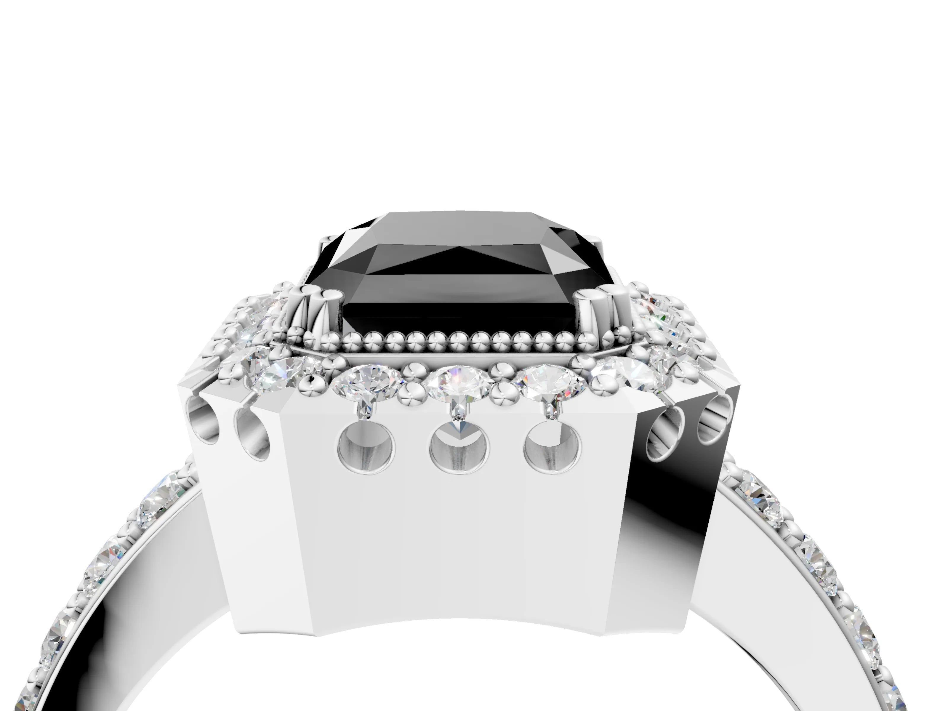 White gold Fancy Black Radiant Cut Diamond Halo Ring with Pavé Band and Prong Setting_4