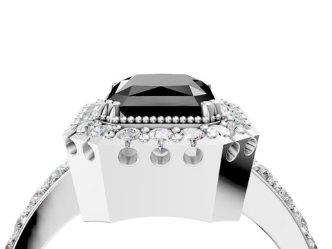 White gold Fancy Black Radiant Cut Diamond Halo Ring with Pavé Band and Prong Setting_4