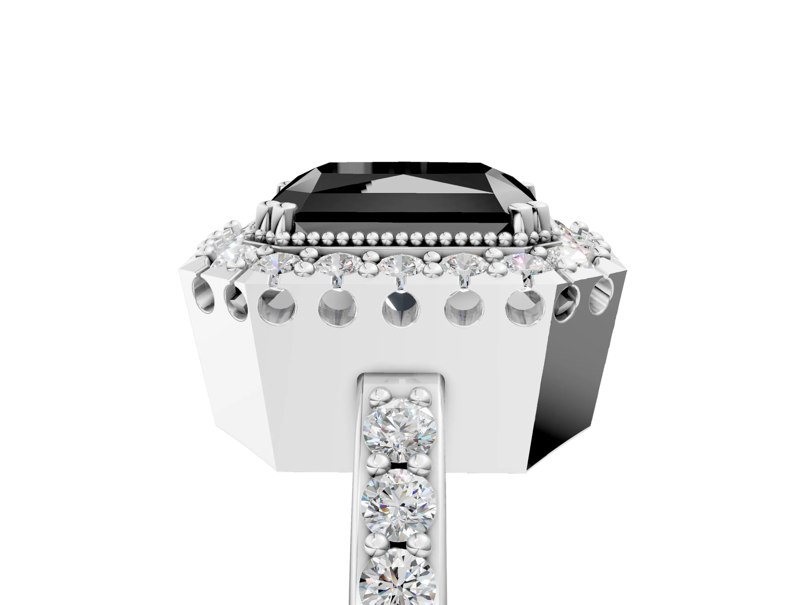 White gold Fancy Black Radiant Cut Diamond Halo Ring with Pavé Band and Prong Setting_5