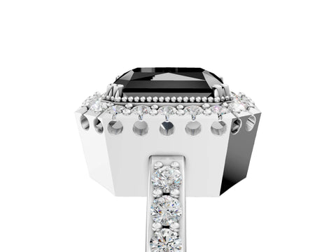 White gold Fancy Black Radiant Cut Diamond Halo Ring with Pavé Band and Prong Setting_5
