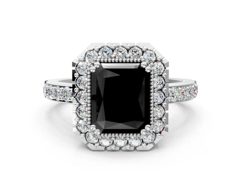 White gold Fancy Black Radiant Cut Diamond Halo Ring with Pavé Band and Prong Setting