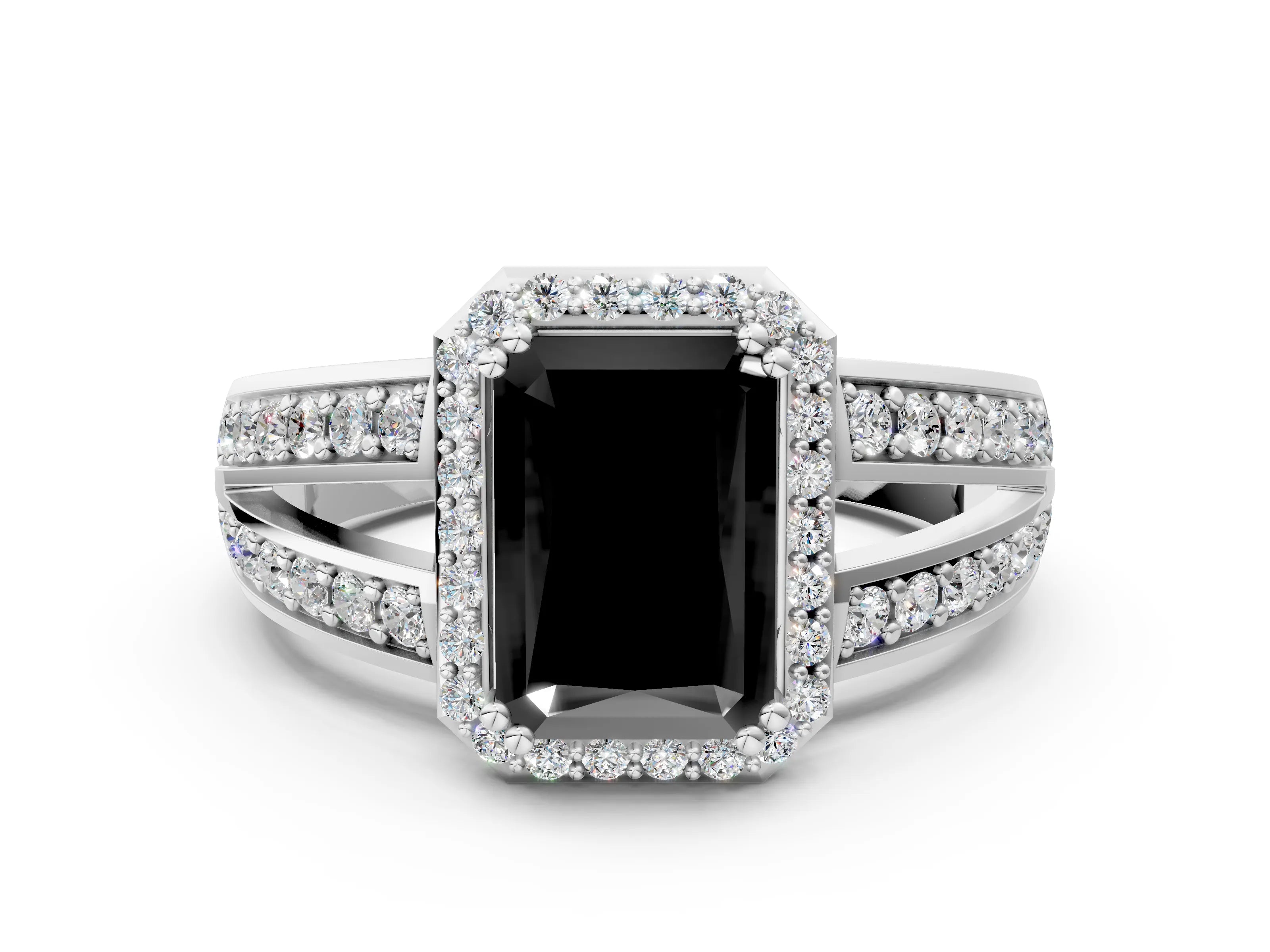 White gold Fancy Black Radiant Cut Diamond Halo Ring with Split Shank Pavé Band and Four-Prong Setting_12