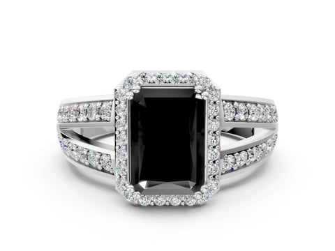 White gold Fancy Black Radiant Cut Diamond Halo Ring with Split Shank Pavé Band and Four-Prong Setting_12