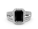 White gold Fancy Black Radiant Cut Diamond Halo Ring with Split Shank Pavé Band and Four-Prong Setting_12