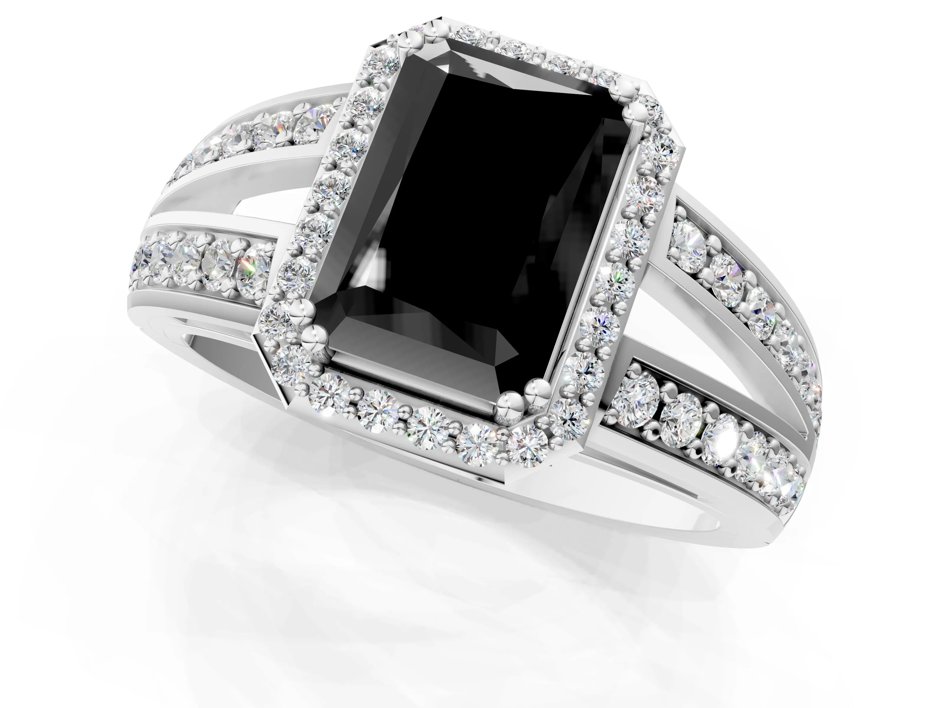 White gold Fancy Black Radiant Cut Diamond Halo Ring with Split Shank Pavé Band and Four-Prong Setting_13