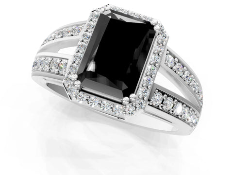 White gold Fancy Black Radiant Cut Diamond Halo Ring with Split Shank Pavé Band and Four-Prong Setting_13