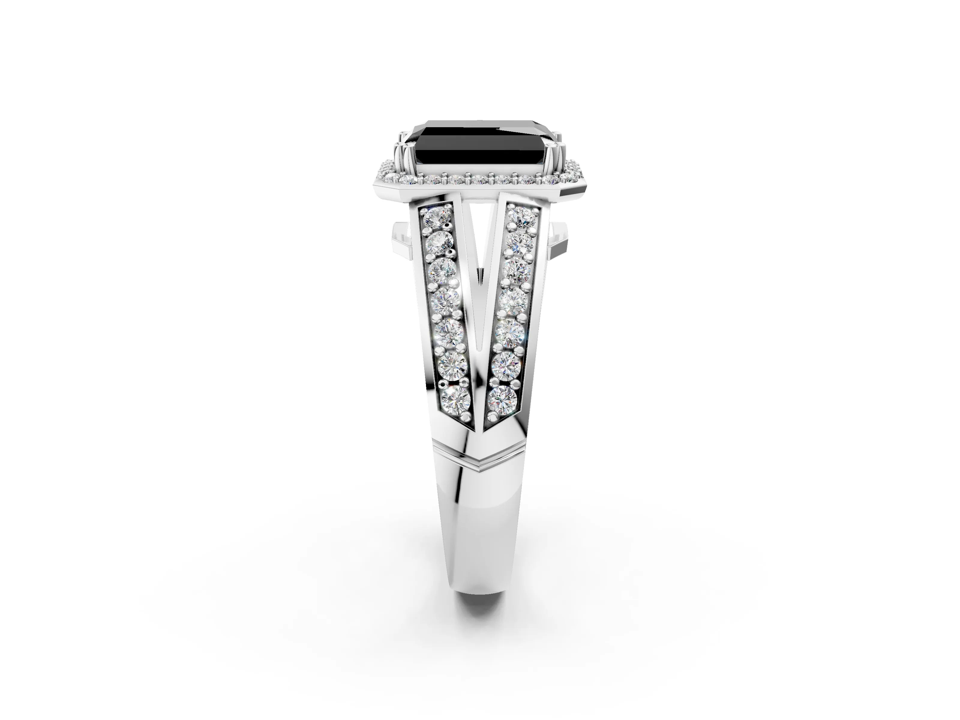 White gold Fancy Black Radiant Cut Diamond Halo Ring with Split Shank Pavé Band and Four-Prong Setting_14