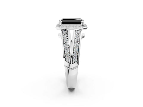 White gold Fancy Black Radiant Cut Diamond Halo Ring with Split Shank Pavé Band and Four-Prong Setting_14