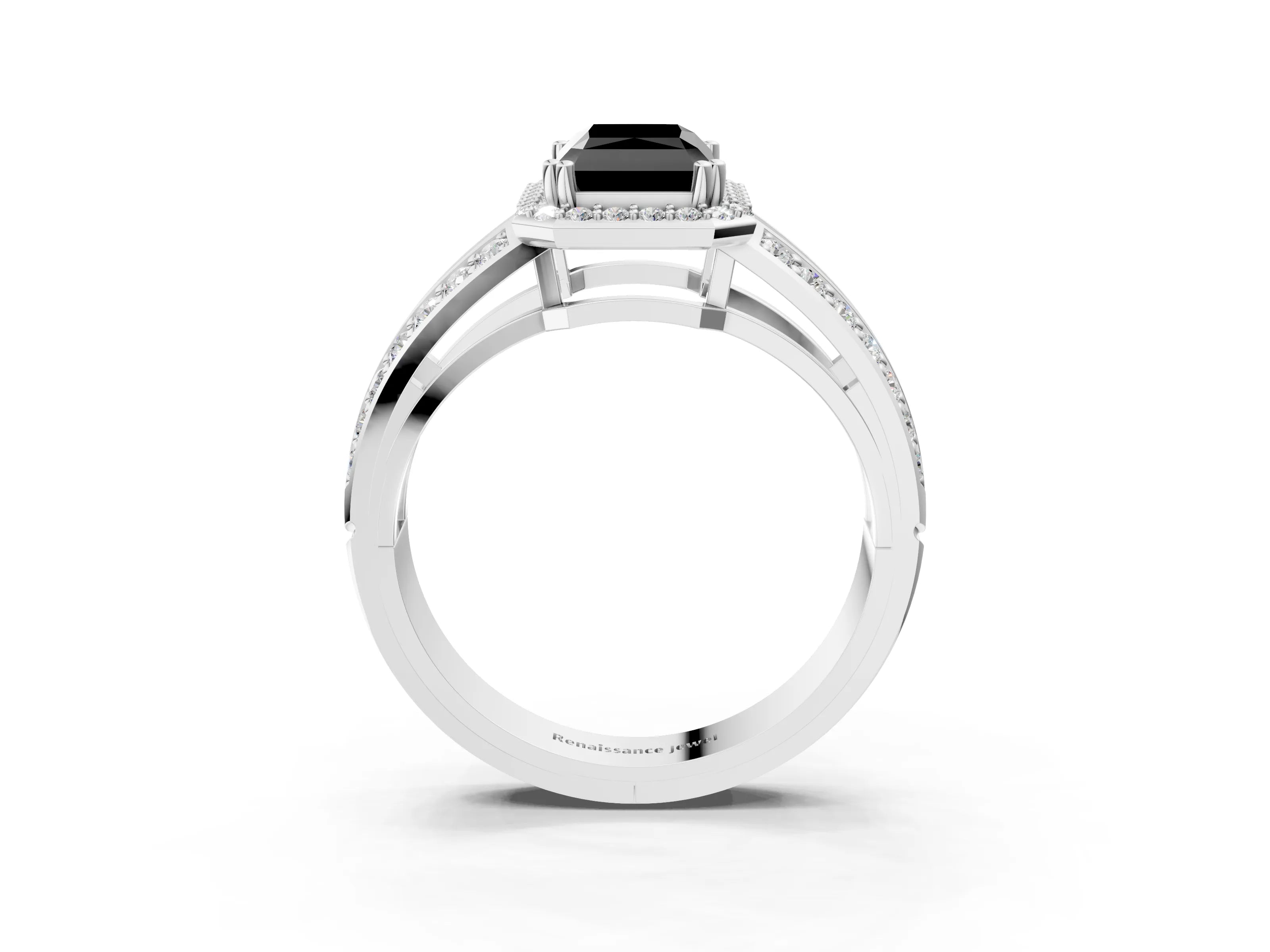 White gold Fancy Black Radiant Cut Diamond Halo Ring with Split Shank Pavé Band and Four-Prong Setting_15