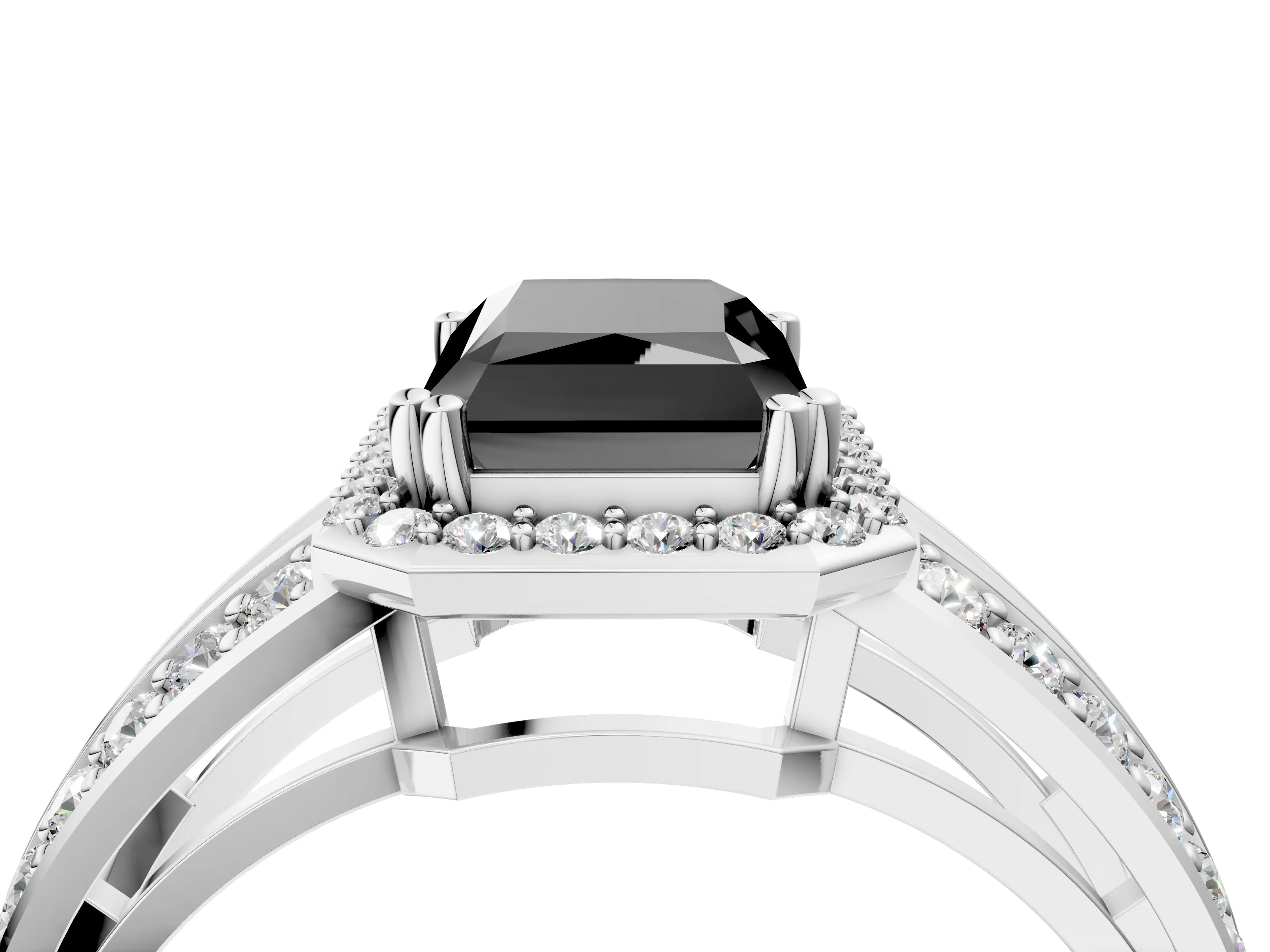 White gold Fancy Black Radiant Cut Diamond Halo Ring with Split Shank Pavé Band and Four-Prong Setting_16