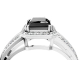 White gold Fancy Black Radiant Cut Diamond Halo Ring with Split Shank Pavé Band and Four-Prong Setting_16
