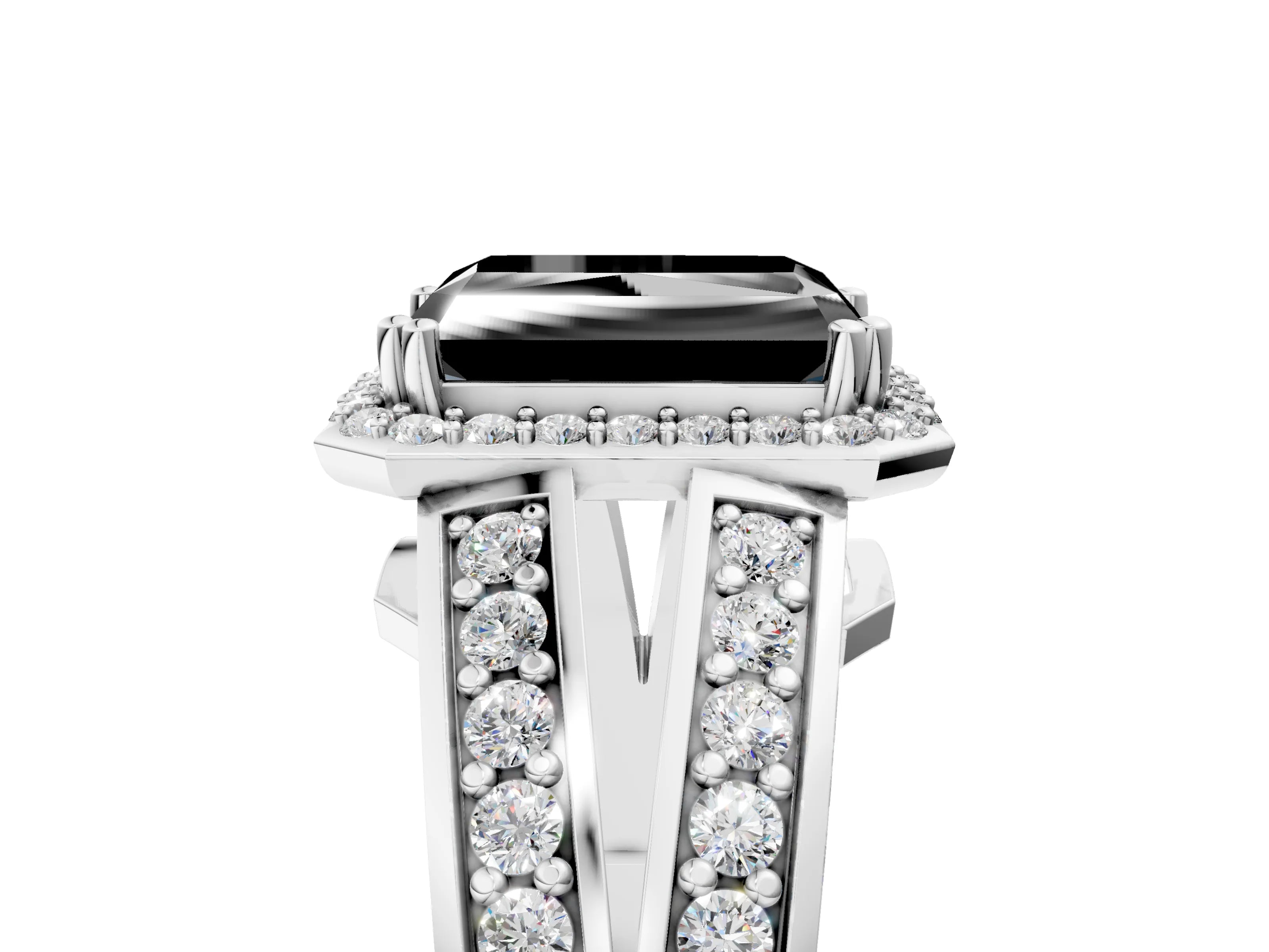 White gold Fancy Black Radiant Cut Diamond Halo Ring with Split Shank Pavé Band and Four-Prong Setting_17