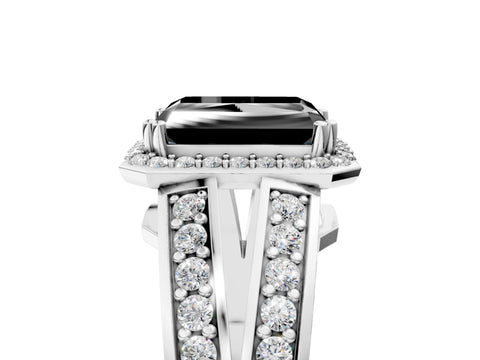 White gold Fancy Black Radiant Cut Diamond Halo Ring with Split Shank Pavé Band and Four-Prong Setting_17