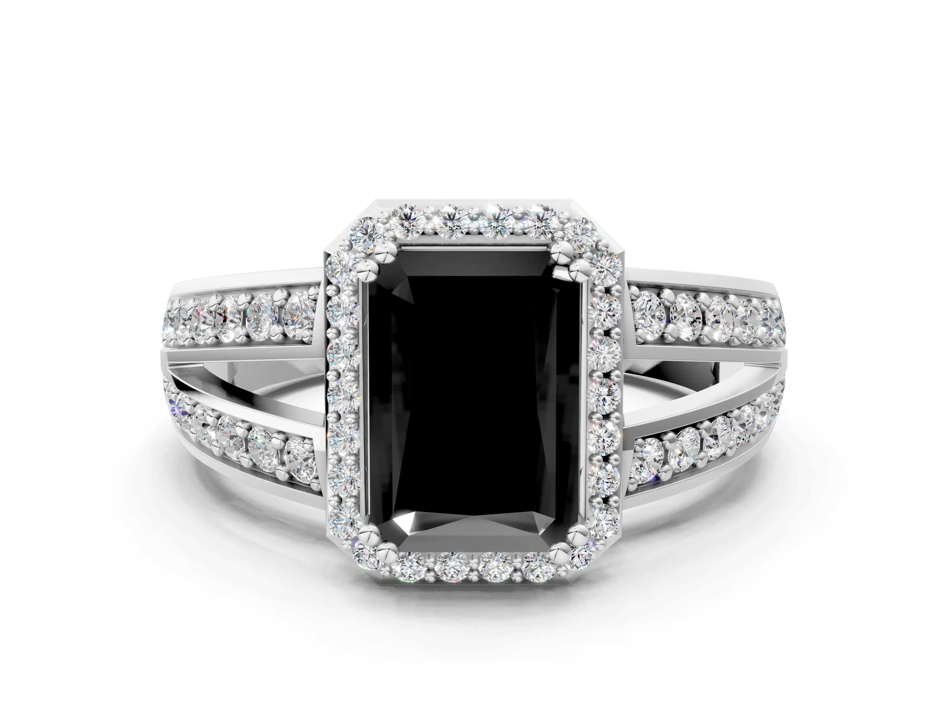 White gold Fancy Black Radiant Cut Diamond Halo Ring with Split Shank Pavé Band and Four-Prong Setting_18