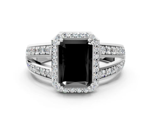 White gold Fancy Black Radiant Cut Diamond Halo Ring with Split Shank Pavé Band and Four-Prong Setting_18