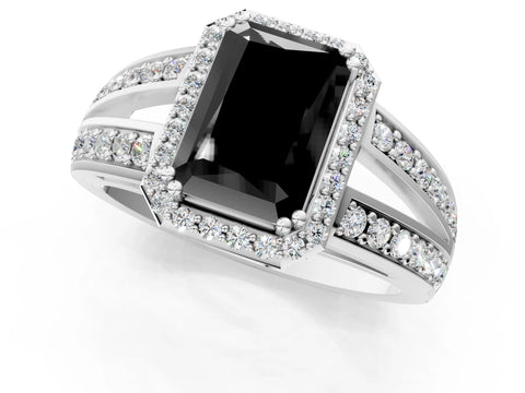 White gold Fancy Black Radiant Cut Diamond Halo Ring with Split Shank Pavé Band and Four-Prong Setting_19