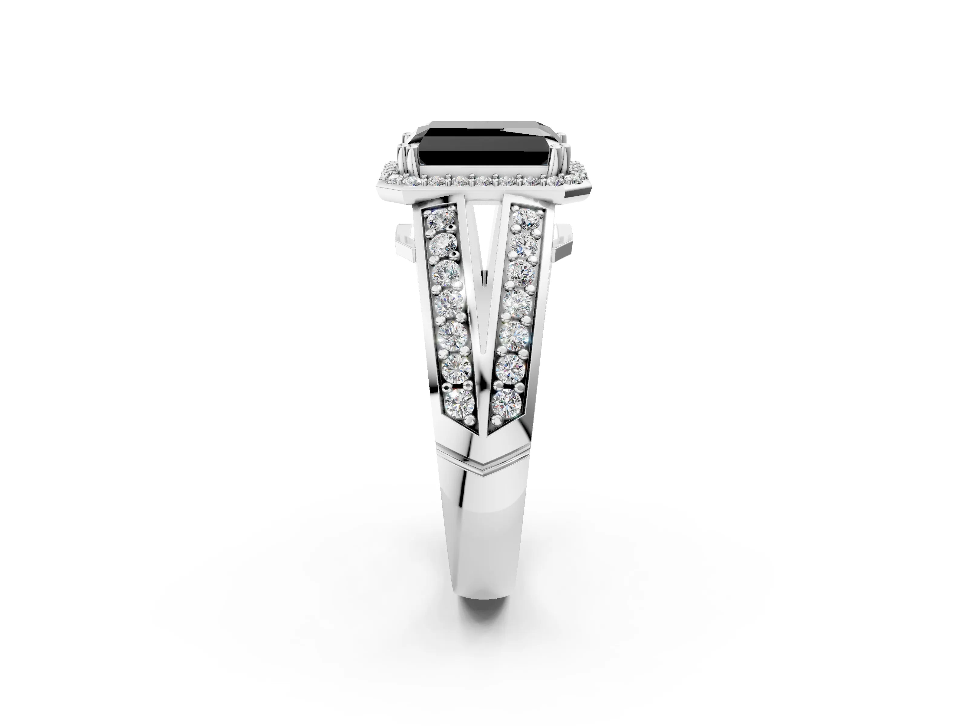 White gold Fancy Black Radiant Cut Diamond Halo Ring with Split Shank Pavé Band and Four-Prong Setting_20