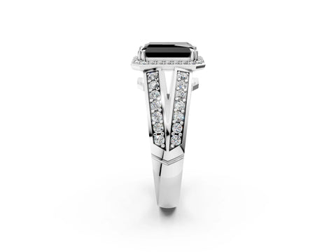 White gold Fancy Black Radiant Cut Diamond Halo Ring with Split Shank Pavé Band and Four-Prong Setting_20