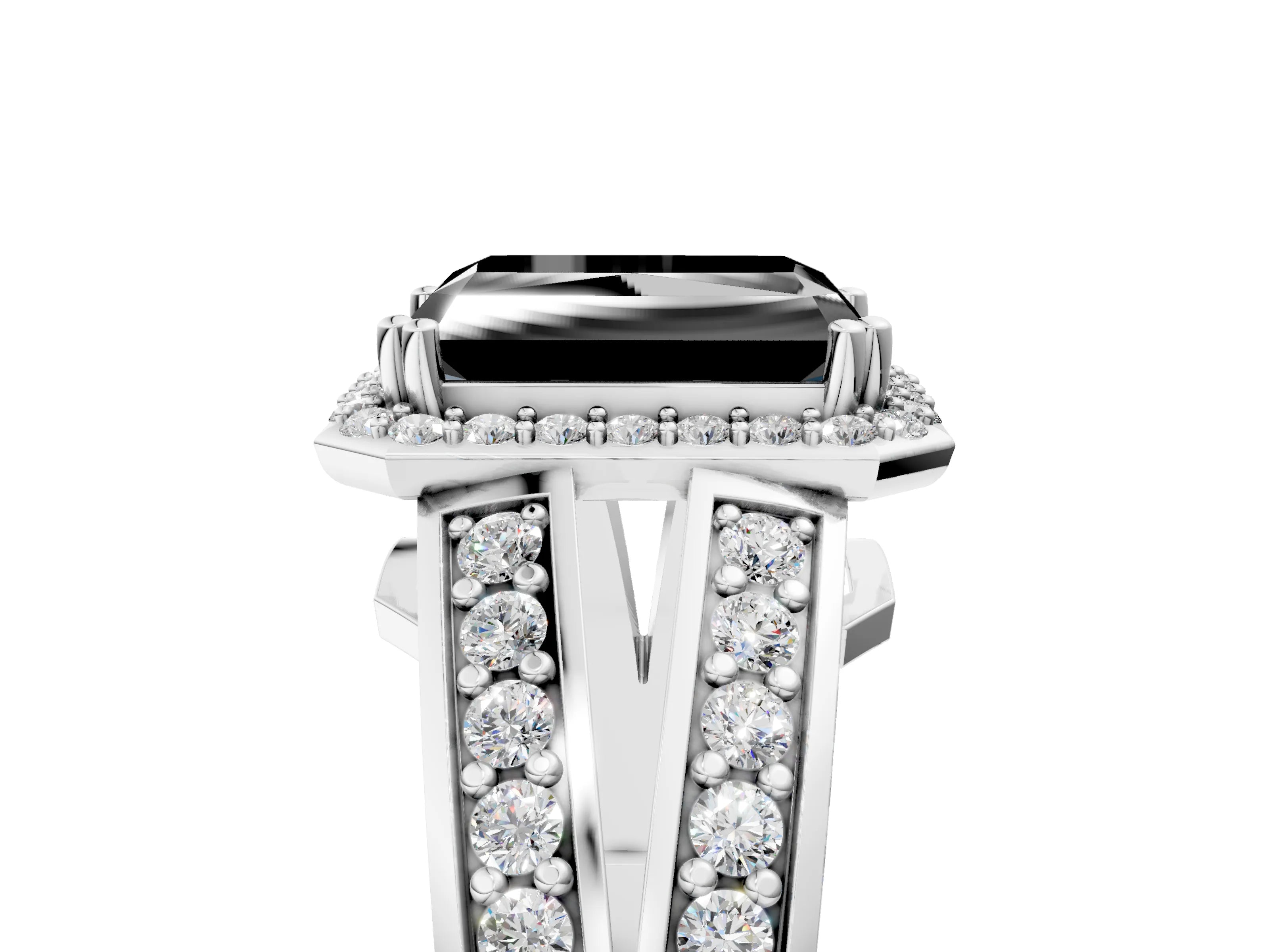 White gold Fancy Black Radiant Cut Diamond Halo Ring with Split Shank Pavé Band and Four-Prong Setting_23