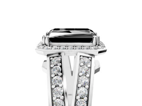 White gold Fancy Black Radiant Cut Diamond Halo Ring with Split Shank Pavé Band and Four-Prong Setting_23