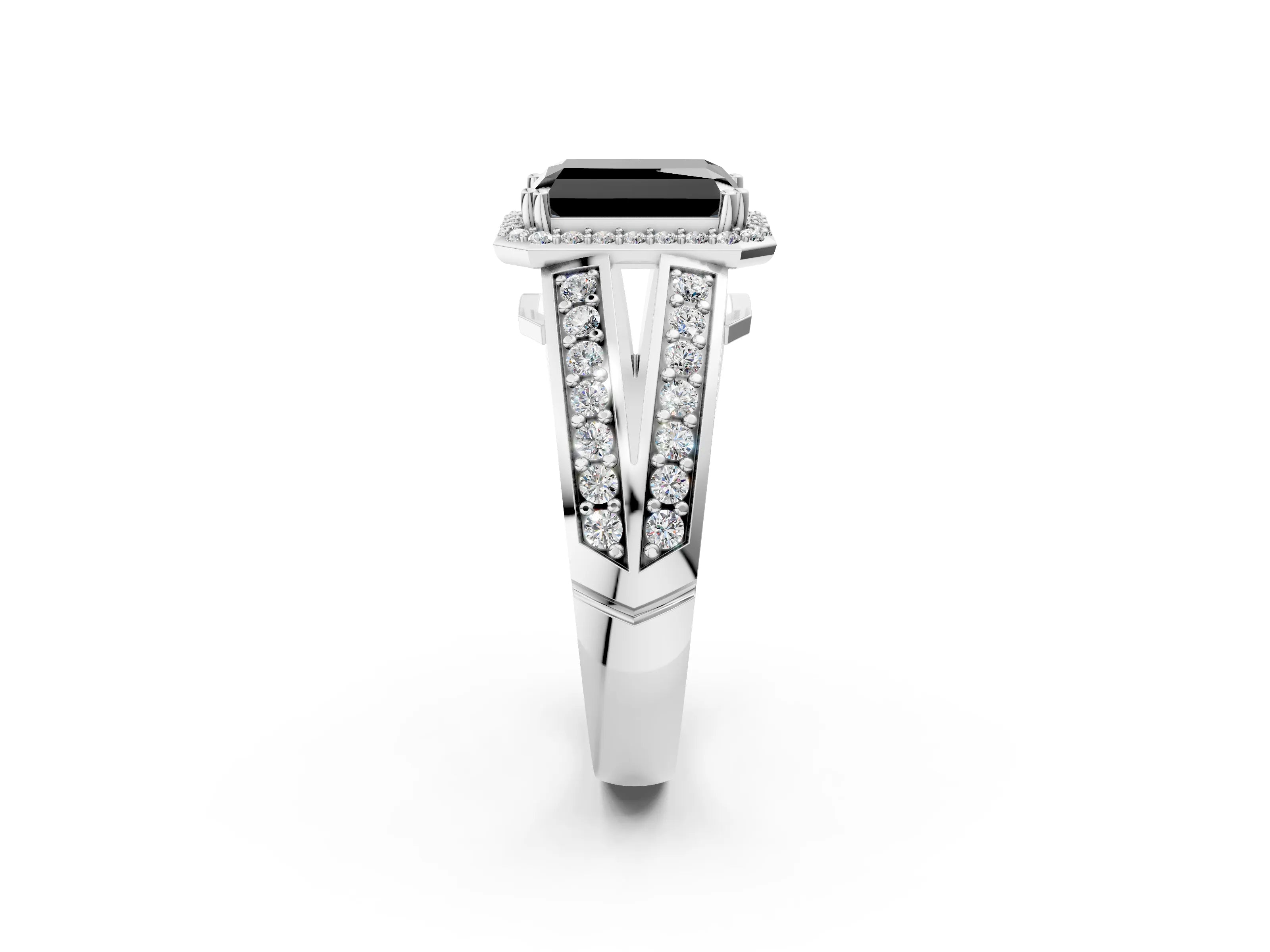 White gold Fancy Black Radiant Cut Diamond Halo Ring with Split Shank Pavé Band and Four-Prong Setting_2