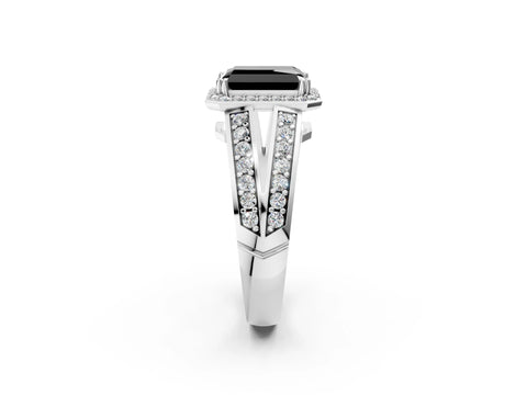 White gold Fancy Black Radiant Cut Diamond Halo Ring with Split Shank Pavé Band and Four-Prong Setting_2