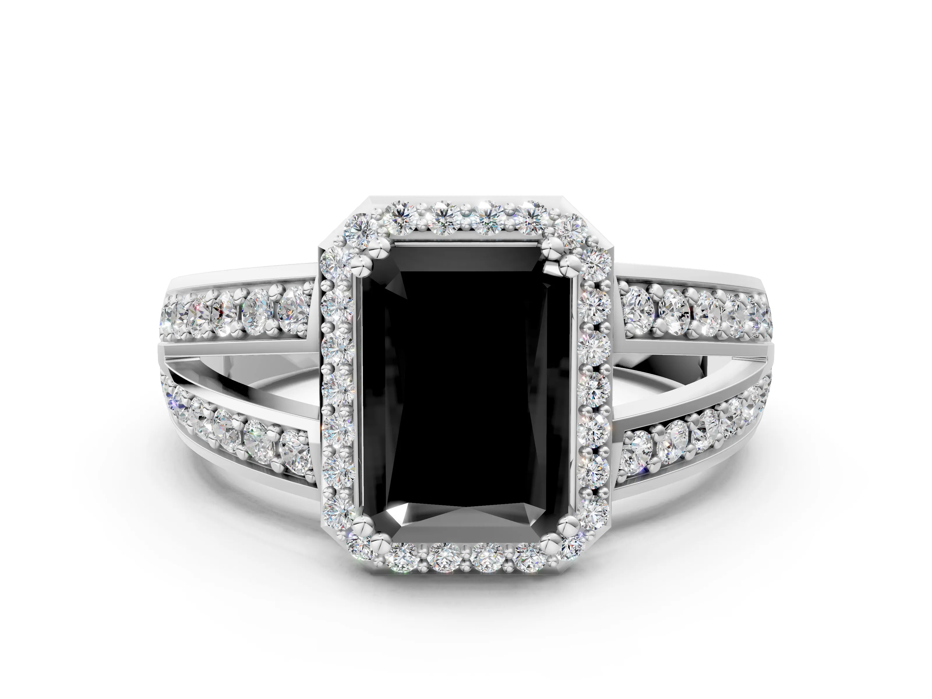 White gold Fancy Black Radiant Cut Diamond Halo Ring with Split Shank Pavé Band and Four-Prong Setting