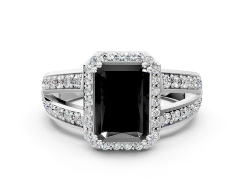 White gold Fancy Black Radiant Cut Diamond Halo Ring with Split Shank Pavé Band and Four-Prong Setting