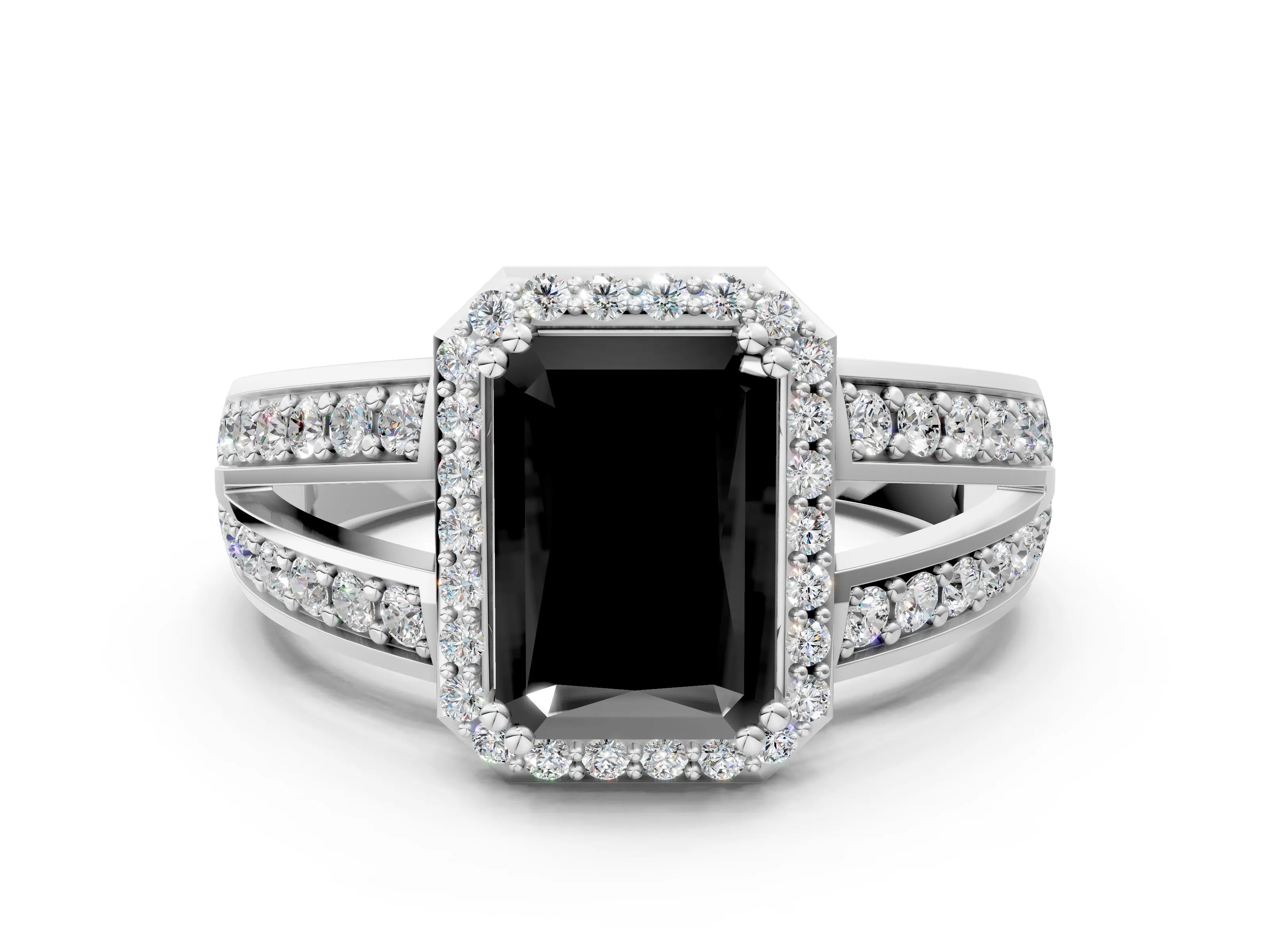 White gold Fancy Black Radiant Cut Diamond Halo Ring with Split Shank Pavé Band and Four-Prong Setting_36