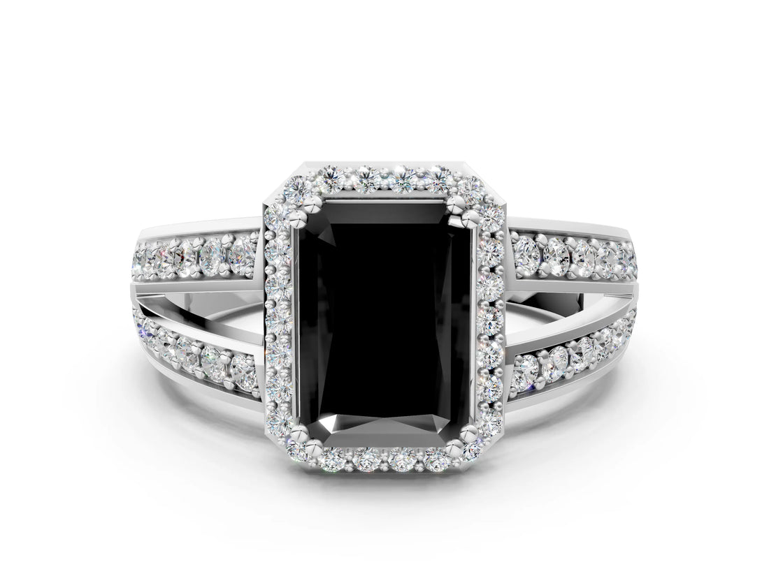 White gold Fancy Black Radiant Cut Diamond Halo Ring with Split Shank Pavé Band and Four-Prong Setting_36