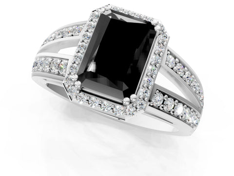 White gold Fancy Black Radiant Cut Diamond Halo Ring with Split Shank Pavé Band and Four-Prong Setting_37