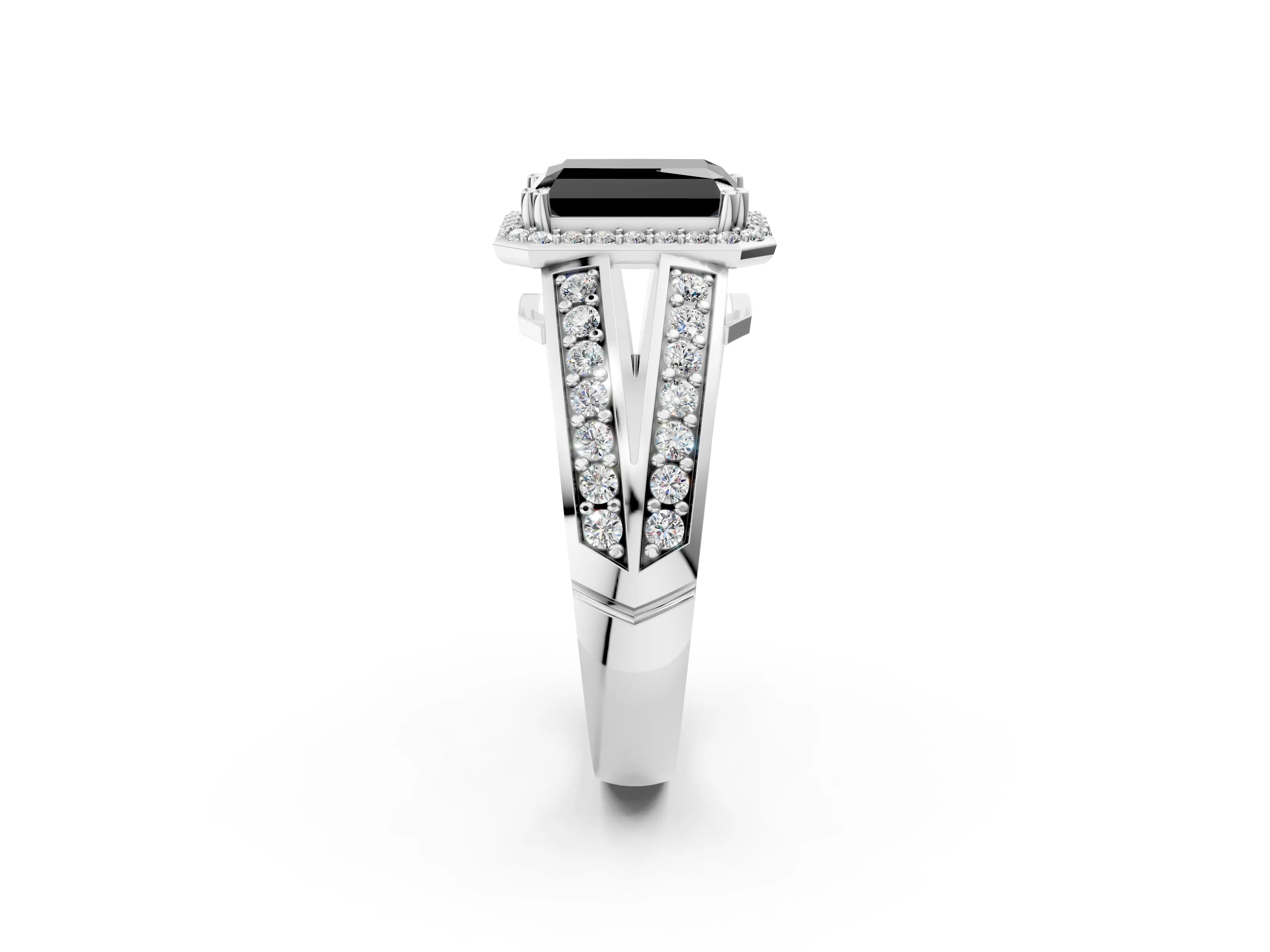 White gold Fancy Black Radiant Cut Diamond Halo Ring with Split Shank Pavé Band and Four-Prong Setting_38