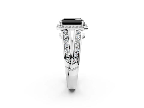 White gold Fancy Black Radiant Cut Diamond Halo Ring with Split Shank Pavé Band and Four-Prong Setting_38