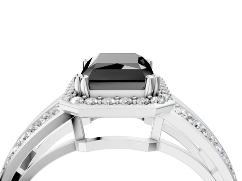 White gold Fancy Black Radiant Cut Diamond Halo Ring with Split Shank Pavé Band and Four-Prong Setting_40