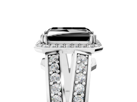 White gold Fancy Black Radiant Cut Diamond Halo Ring with Split Shank Pavé Band and Four-Prong Setting_41