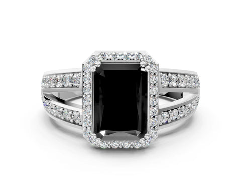 White gold Fancy Black Radiant Cut Diamond Halo Ring with Split Shank Pavé Band and Four-Prong Setting_42