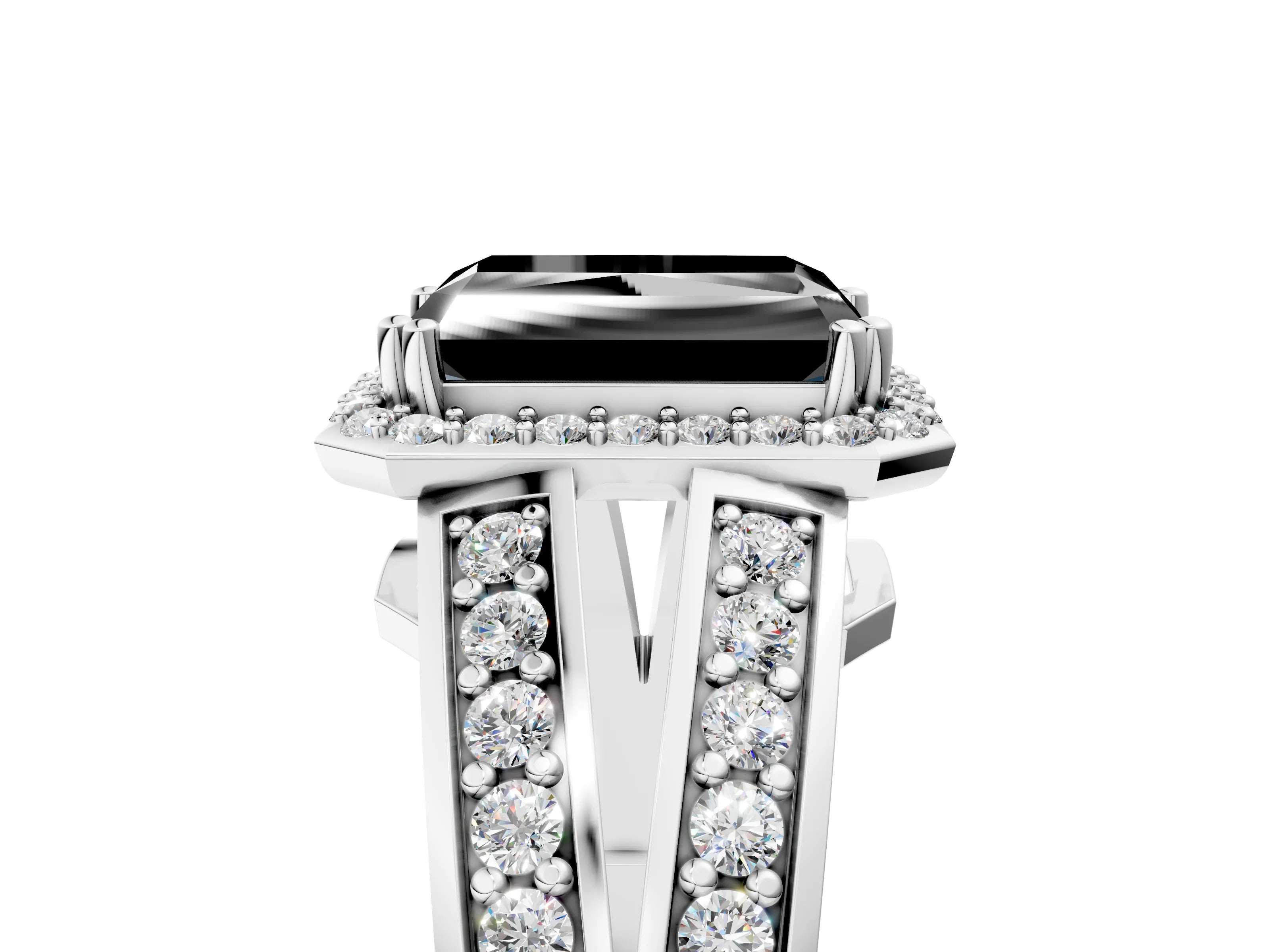 White gold Fancy Black Radiant Cut Diamond Halo Ring with Split Shank Pavé Band and Four-Prong Setting_5