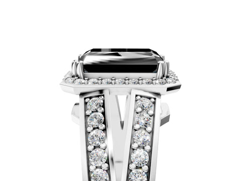 White gold Fancy Black Radiant Cut Diamond Halo Ring with Split Shank Pavé Band and Four-Prong Setting_5
